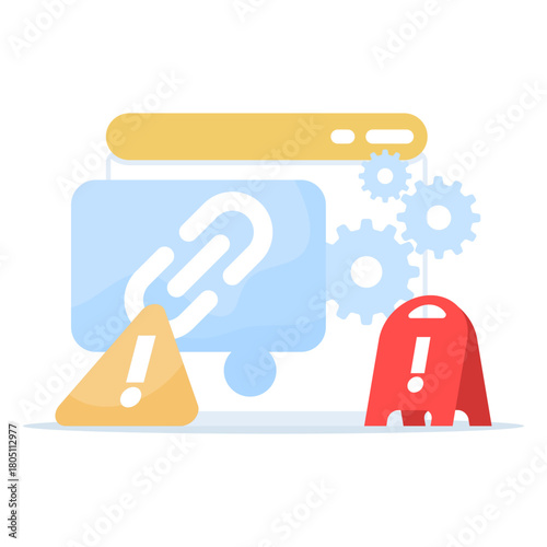 Phishing alert illustration showing a browser chat with a suspicious link and a red warning triangle, indicating scam risks and online fraud prevention.