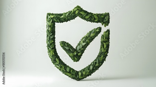 Green shield symbol made of leaves with a check mark inside symbolizing environmental protection and ecological safety approval