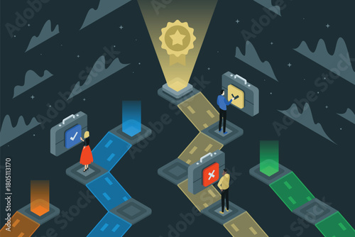 This colorful isometric image illustrates the career paths, progression from entry-level positions to higher levels of pay, skill, responsibility