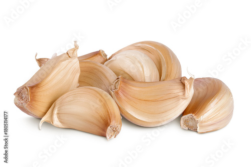garlic cloves isolated on white background close up. Top view. Flat lay.