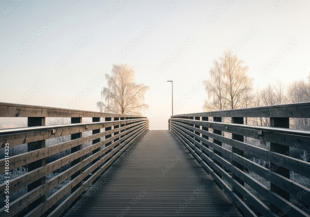 Obraz premium Wooden Bridge Path Leading to a Bright Horizon in Early Winter