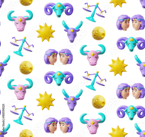 Horoscope symbols vector seamless pattern 3D cartoon plastic style, Capricorn, Aries, Taurus, Libra Gemini zodiac signs