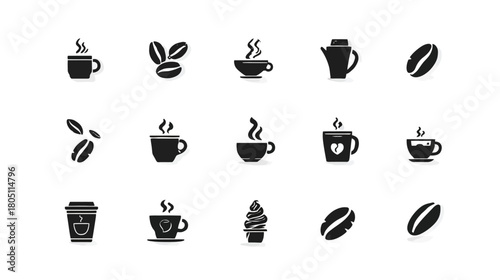 Coffee Icons Set: Simple Flat Design Black and White Vector Collection of Hot and Cold Beverages, Beans, Cups, and Pots