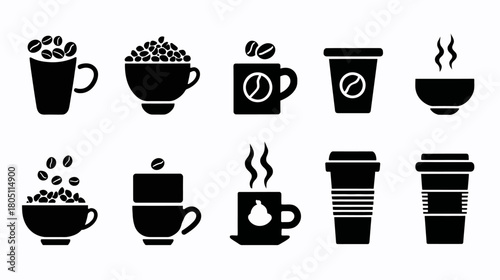 Coffee icons vector set. Black silhouettes of various cups, mugs, coffee beans, and steaming hot drinks, minimalist design.