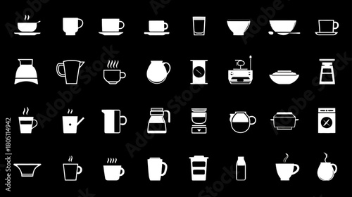 Collection of white outline coffee and tea cup icons on black background, beverage container graphic elements set.