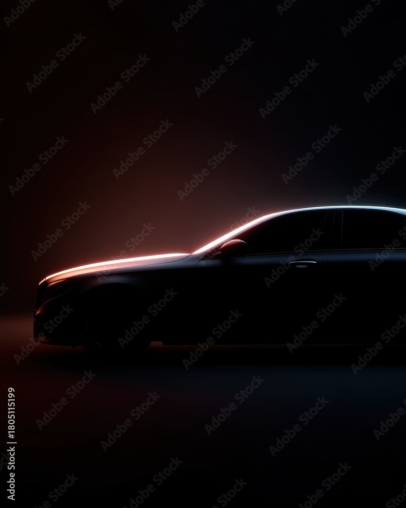 Naklejka premium 289. luxury car silhouette with neon rim light, advertising mood, soft diffused glow, ample space for text, brand-safe, no logos