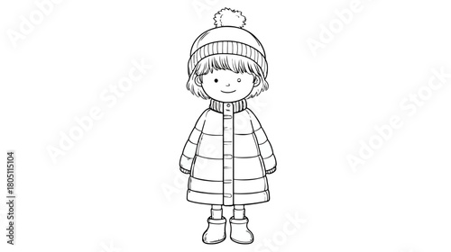 Cute little girl illustration in winter clothing, black and white line drawing of a happy child wearing a warm coat, beanie, and boots.