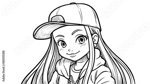 Black and white line art illustration of a smiling young girl in a baseball cap and hoodie. Cartoon sketch portrait with long hair.
