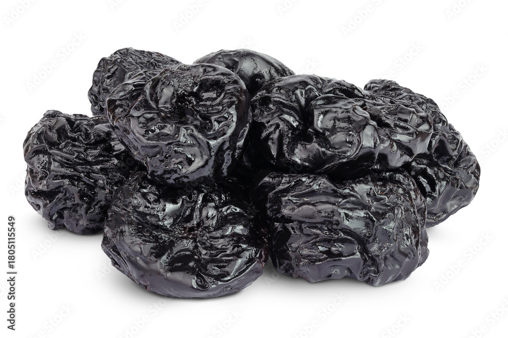 Naklejka premium Prunes isolated on white background, heap of dried plums