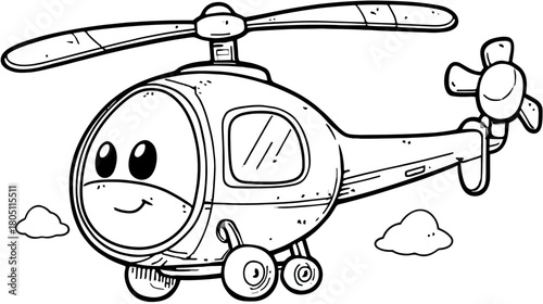 Adorable cartoon helicopter flying with a friendly smile, black and white line art for coloring pages or kids' activities