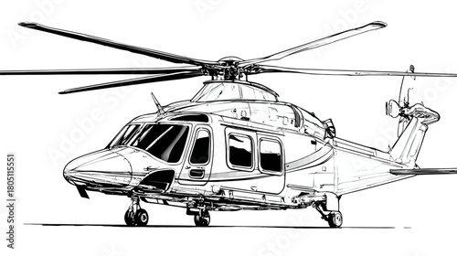 Detailed hand-drawn sketch of a modern commercial helicopter. Black and white vector illustration for aviation, transport, and air travel concepts.