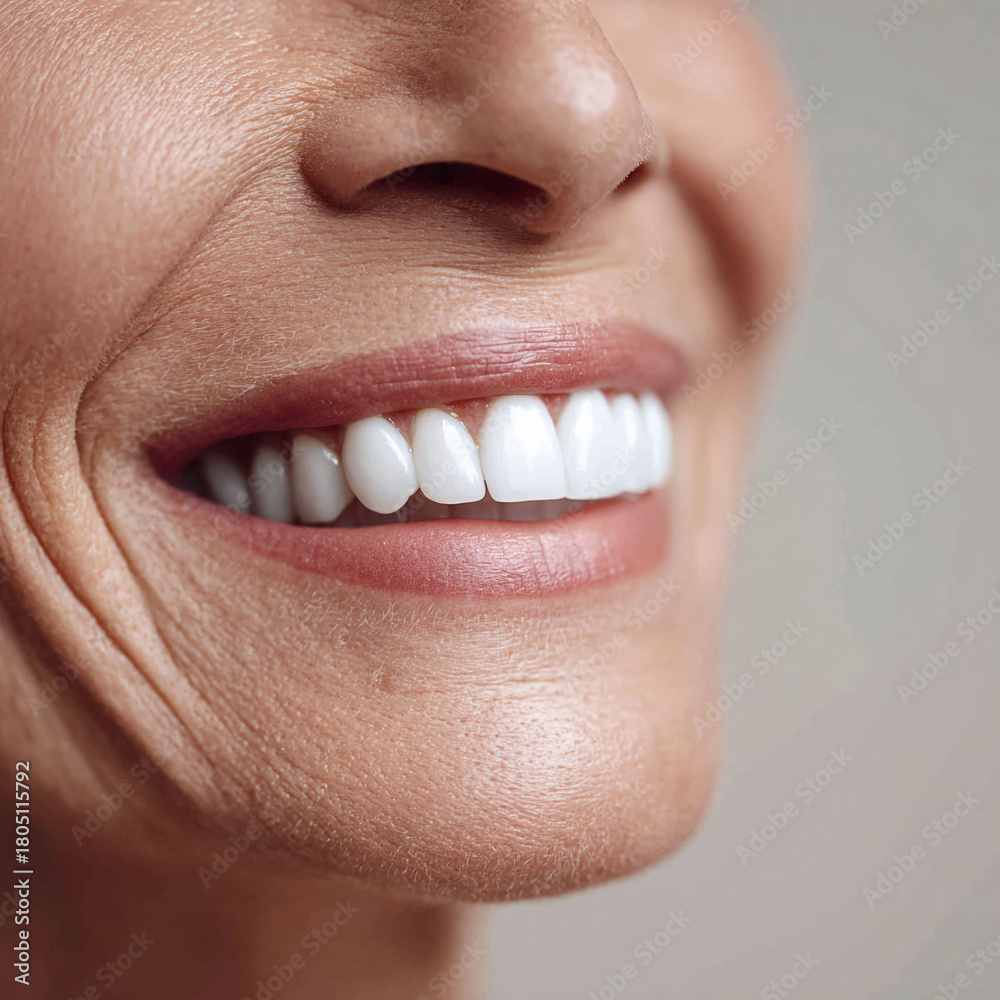 Obraz premium Closeup of a smiling mature woman with perfect white teeth. Captures health, beauty, confidence, and dental care. Ideal for wellness or cosmetic concepts.
