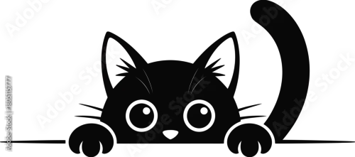 Tapety Curious cartoon black cat peeking over a white surface with wide eyes and paws, playful feline illustration graphic design element
