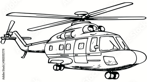 Detailed black and white line art illustration of a helicopter, flying aircraft drawing for aviation, travel, or design projects