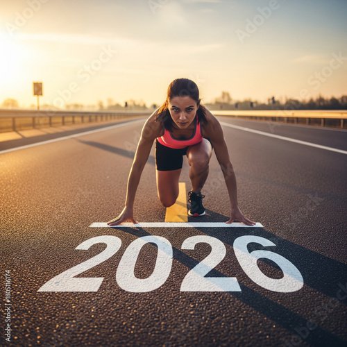 New year 2026 concept, beginning of success. Text 2026 written on asphalt road and women runner preparing for the new year. Concept of challenge or career path and change.