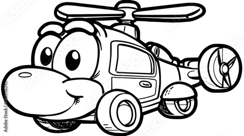 Smiling cartoon helicopter outline drawing with wheels, main rotor, and tail rotor. Fun flying vehicle illustration for kids' coloring books.
