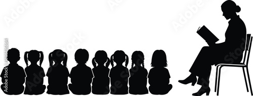 Silhouette of teacher reading book to children sitting on floor, classroom storytime education vector illustration, kindergarten storytelling activity