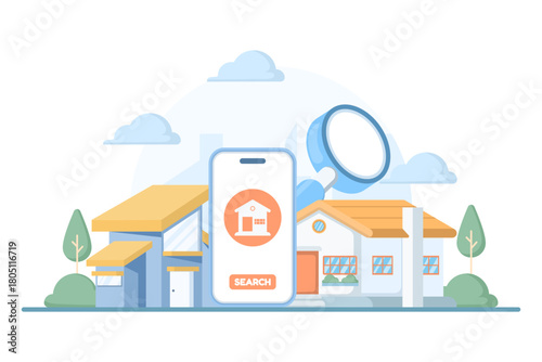 Smartphone housing search illustration, showing a hand holding a device displaying home options, representing mobile real estate browsing and property discovery.