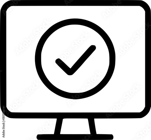 An outline icon showing a checkmark on a monitor screen, symbolizing task completion, successful resolution, and online confirmation.