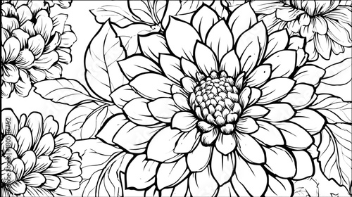 Detailed black and white line art illustration of an intricate dahlia flower pattern, ideal for adult coloring books or decorative designs.
