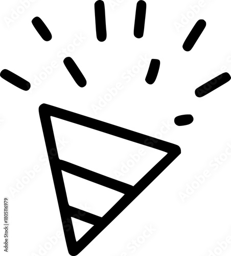 An outline icon representing a confetti popper exploding streamers, symbolizing party, celebration, success, and joyful events.