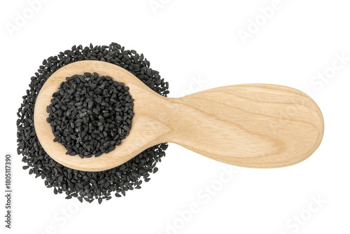 Nigella sativa or Black cumin in wooden spoon isolated on white background. Top view. Flat lay