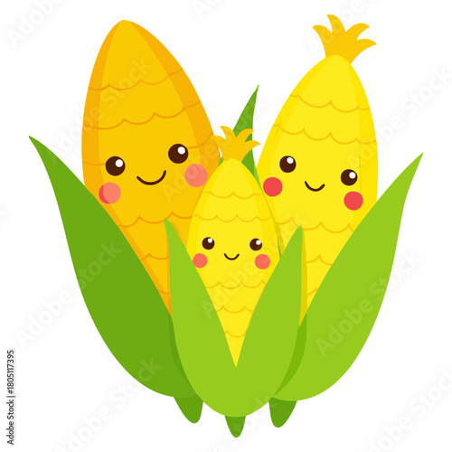Three cute cartoon corn cobs family with happy faces and green leaves isolated on white background