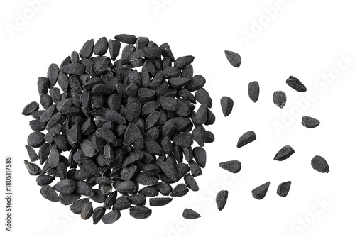Nigella sativa or Black cumin isolated on white background. Top view. Flat lay