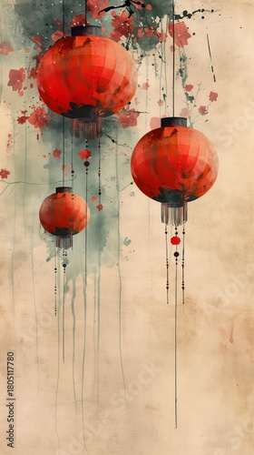 Red Chinese lanterns in a modern watercolor style. Vertical illustration for an Asian festival celebration. Abstract ink wash painting background