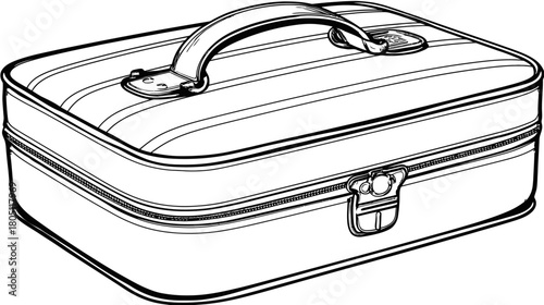 Vintage Striped Vanity Case Line Art Illustration. Retro Cosmetic Travel Bag, Hand-Drawn Black and White Vector Drawing.