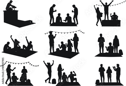 Black silhouette groups of people interacting, celebrating, and relaxing under string lights in social and recreational outdoor scenes