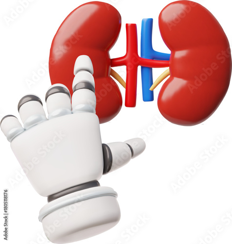 Kidneys internal organ with robotic hand 3D vector, Artificial intelligence assistant in medical diagnostics, treatment