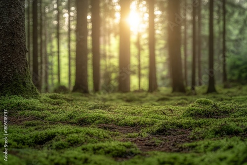 Dense green moss covers forest floor under warm sunlight. Soft focus on surrounding trees, creating tranquil, natural scene. Ethereal light suggests early morning. Neural network AI generated