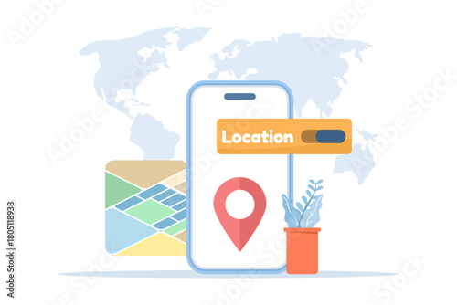 Location services and GPS tracking illustration, showing a user enabling or disabling geolocation within a smartphone app. flat vector illustration on background.