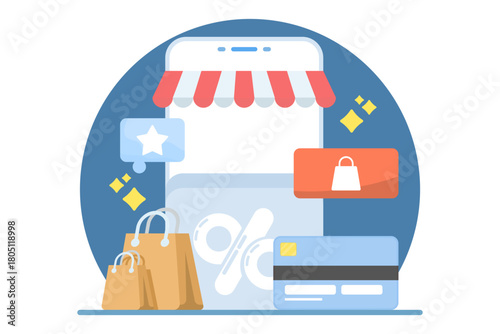 E-commerce shopping journey illustration with carts, discounts, and payment methods, showing the customer path from browsing to checkout in a clean flat design.