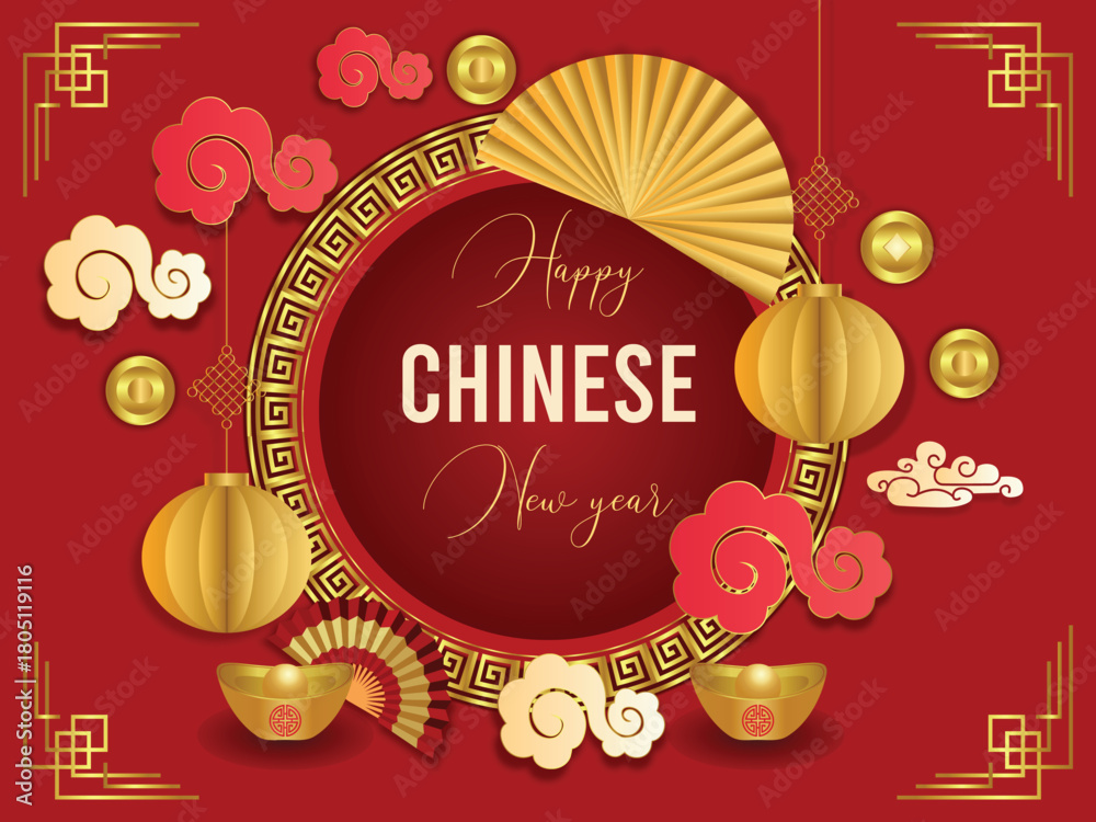 Naklejka premium Happy Chinese New Year Festive Celebration with Traditional Elements