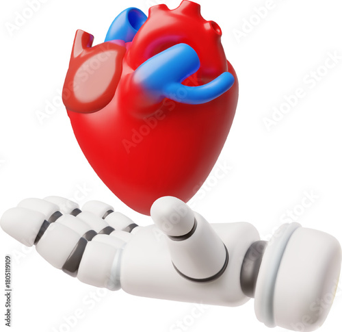 A 3D robotic hand holding a human heart. Innovation, transplantation.