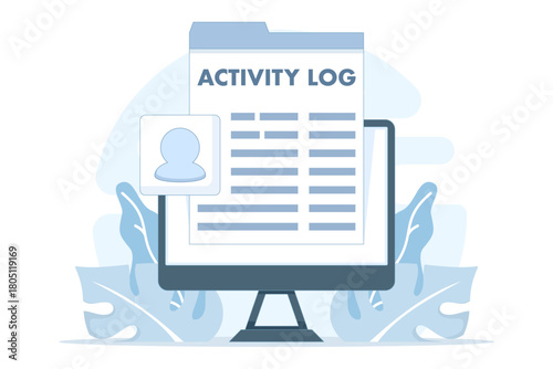 Illustration of activity log and user history monitoring. A user checks account activity, digital footprint, and online behavior tracking on a device.