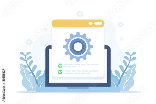Project technical specification check overview icon vector graphic illustration, cartoon flat checklist manual, information file document setup, configuration automation operating system