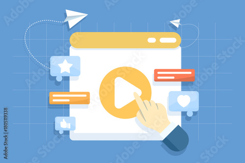 Video content marketing concept with a user pressing the play button, highlighting social media engagement through likes, comments, and shares.