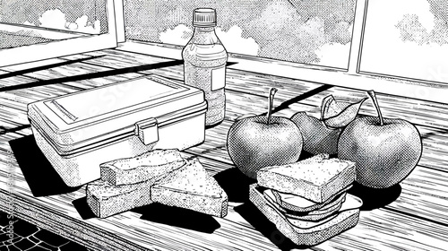 Still life illustration of a healthy packed lunch with apples, sandwiches, and a drink bottle on a wooden table by a window, black and white sketch.