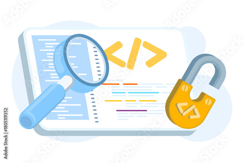 Open-source software concept showing free, collaborative tools with accessible code for customization, illustrated in a clean flat vector style with icons. flat vector illustration