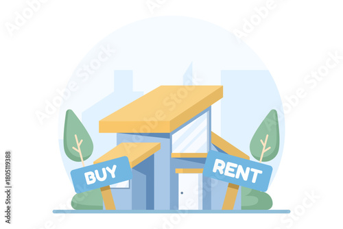 Real estate property management illustration showing BUY and RENT options, representing investment, finance, economics, and money-saving decisions.