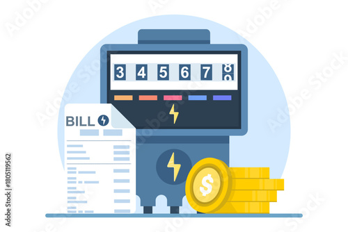 Illustration of checking an electricity bill, representing utility payment, energy usage review, and monthly household expense management. flat vector illustration.