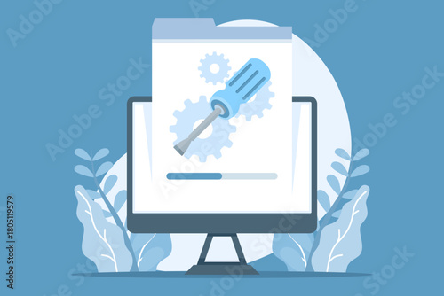 Flat vector illustration of computer repair with screwdriver and gear. Represents system maintenance, hardware repair, software troubleshooting, and technical support services.