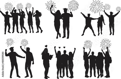 Black silhouette people celebrating graduation, dancing, embracing, and enjoying fireworks in festive romantic and achievement-themed vector scenes