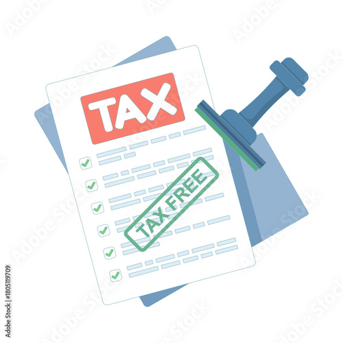Documents marked with a tax-free stamp, symbolizing exempt transactions, duty-free status, and financial paperwork without applied taxes. flat design illustration on background.