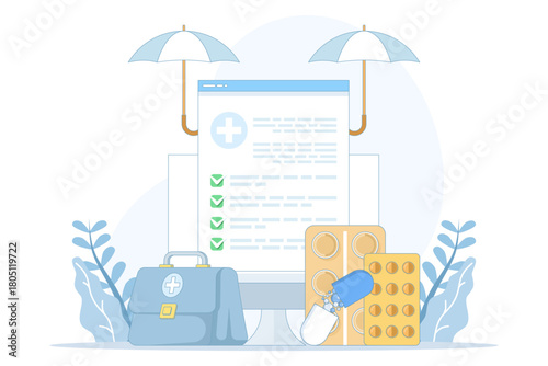 illustration of online health information. A laptop screen displays medical documents and medicine, representing digital healthcare, family health guidance, and accessible online medical resources.