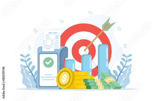 Business strategy and budgeting concept with finance, accounting, economic planning, and investment themes, shown in flat vector designs for website banners and backgrounds.