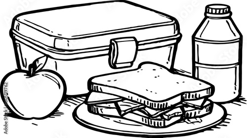 Simple line art illustration of a classic packed lunch with sandwich, apple, drink bottle, and lunchbox, ideal for school or work.